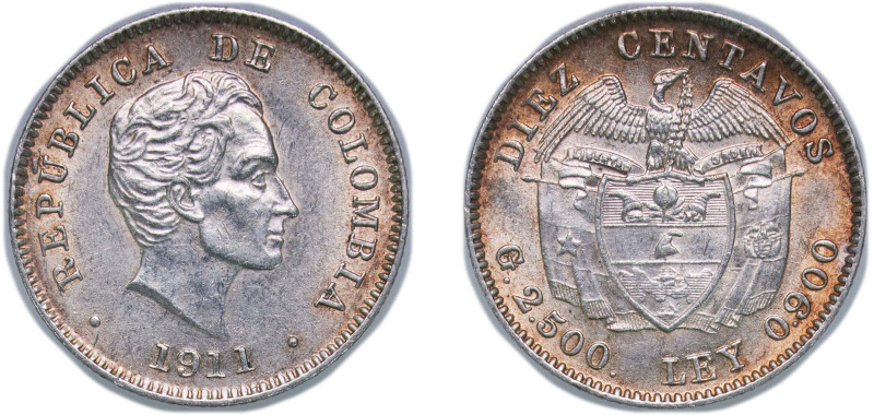 Colombia Republic 1911 10 Centavos Silver (.900) Heaton and Sons / The Mint Birm...