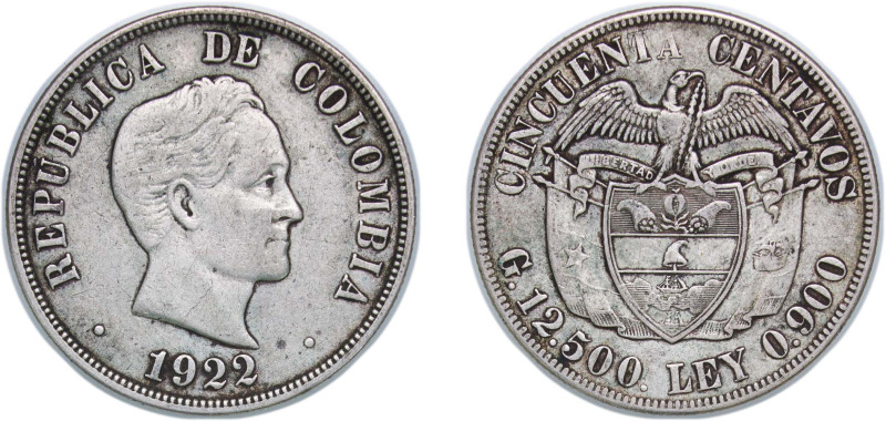 Colombia Republic 1922 50 Centavos Silver (.900) Philadelphia Mint (3000000) 12....