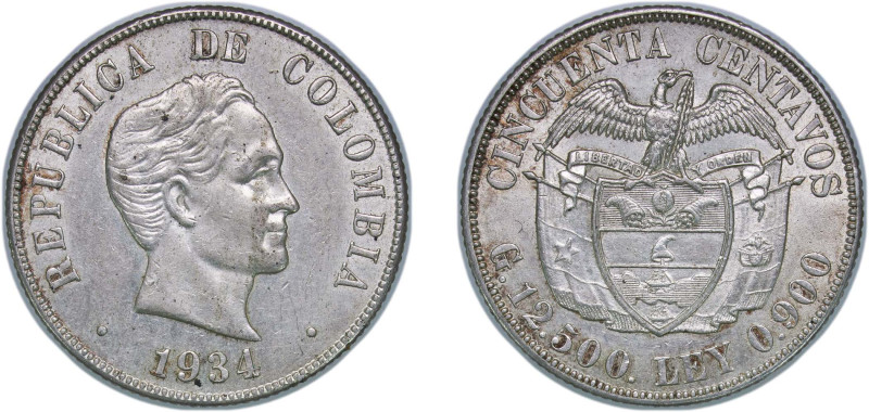 Colombia Republic 1934 50 Centavos Silver (.900) San Francisco Mint (10000000) 1...