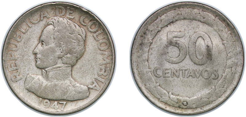 Colombia Republic 1947 B 50 Centavos Silver (.500) Bogota Mint (1240000) 12.5g V...