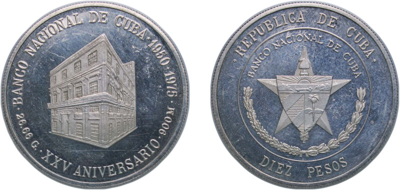 Cuba Second Republic 1975 10 Pesos (National Bank) Silver (.900) Leningrad Mint ...