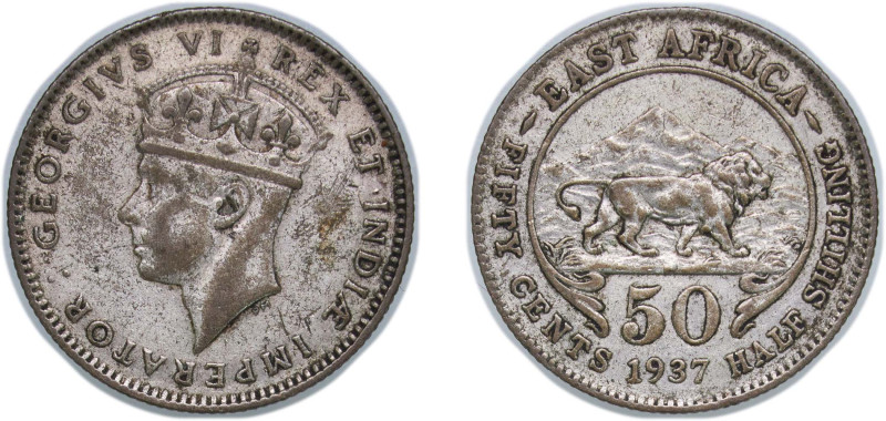 East Africa British colony 1937 H 50 Cents - George VI Billon (.250 silver) Heat...