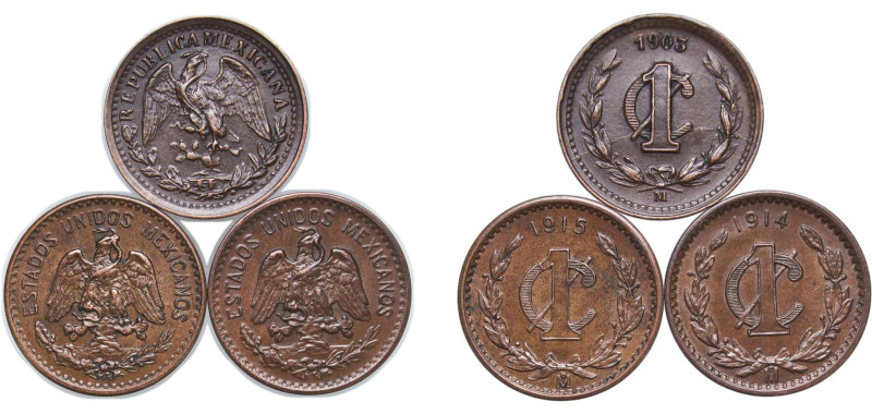 Mexico United Mexican States 1905-1915 Mo 1 Centavo (3 Lots) Bronze Mexico City ...