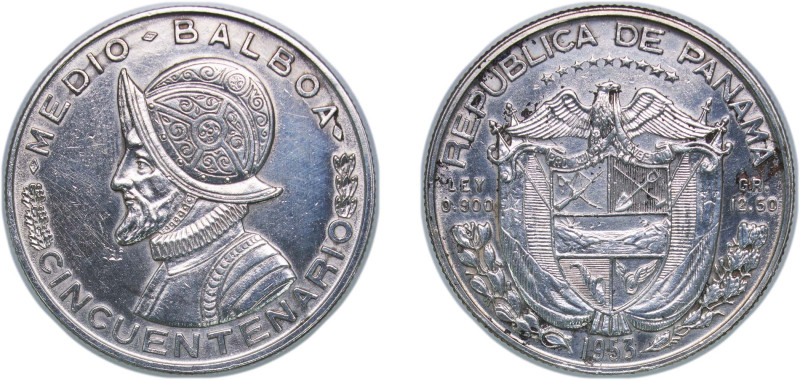 Panama Republic 1953 ½ Balboa Silver (.900) Mexico City Mint (600000) 12.41g XF ...