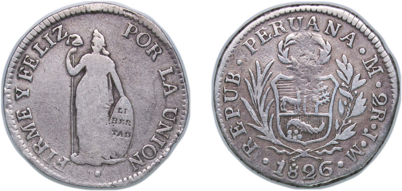 Peru Republic 1826 LIMA JM 2 Reales Silver (.903) Lima Mint 5.9g VF KM 141.1