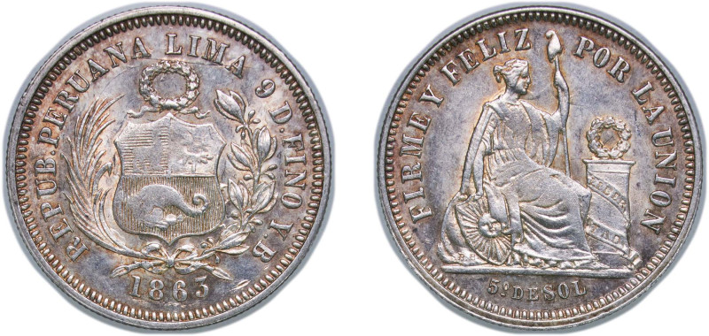 Peru Republic 1863 YB ⅕ Sol Silver (.900) 4.98g AU KM 191