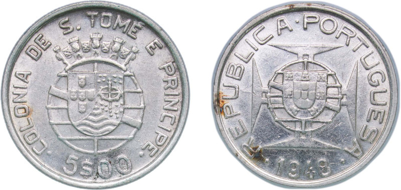 São Tomé and Príncipe Portuguese colony 1948 5 Escudos Silver (.650) Lisbon Mint...