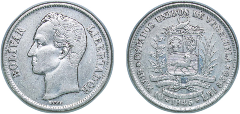 Venezuela United States 1945 2 Bolívares Silver (.835) Philadelphia Mint (300000...