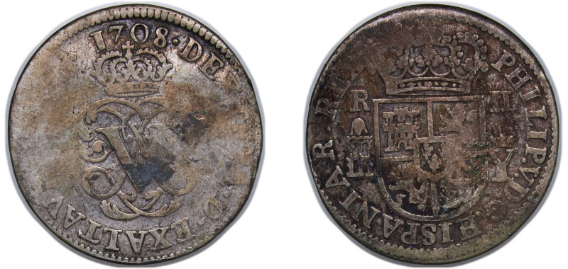 Spain Kingdom 1708 Y 2 Reales - Philip V (Monogram) Silver (.833) Segovia Mint 4...