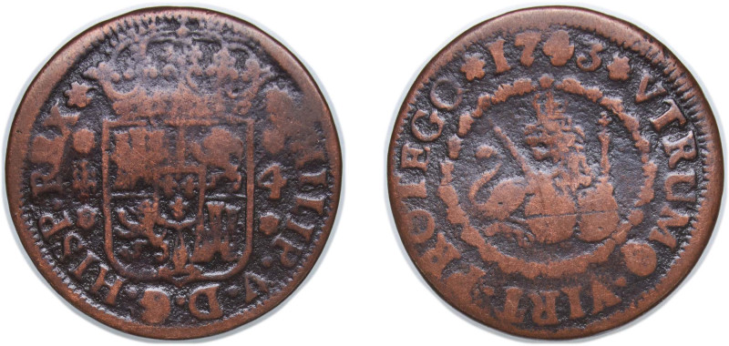 Spain Kingdom 1743 4 Maravedis - Philip V (2nd type) Copper Segovia Mint 5.49g V...