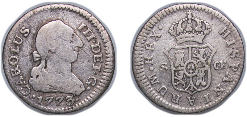 Spain Kingdom 1773 S CF ½ Real - Charles III Silver (.813) Seville Mint 1.31g VF...