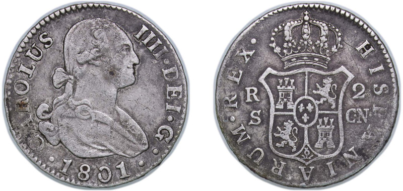 Spain Kingdom 1801 S CN 2 Reales - Charles IV Silver (.806) Seville Mint 5.86g V...