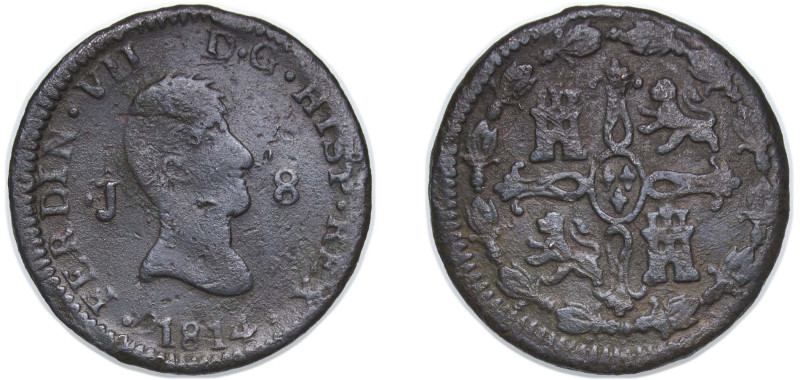 Spain Kingdom 1814 J 8 Maravedis - Ferdinand VII (1st portrait) Copper Jubia Min...