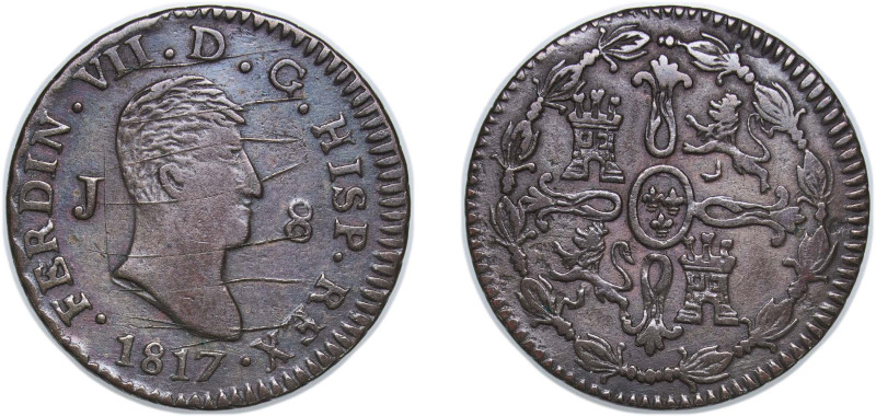 Spain Kingdom 1817 J 8 Maravedis - Ferdinand VII (1st portrait) Copper Jubia Min...