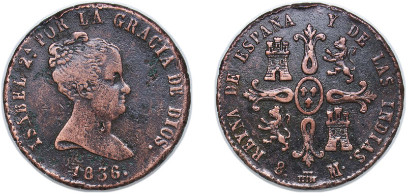 Spain Kingdom 1836 8 Maravedis - Isabel II Copper Segovia Mint 10.93g VF KM 512....