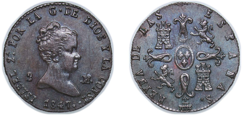 Spain Kingdom 1847 2 Maravedis - Isabel II Copper Segovia Mint 2.2g UNC KM 532.4