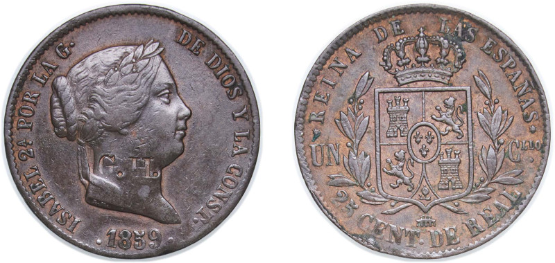 Spain Kingdom 1859 25 Centimos de Real - Isabel II (Countermarked G.H.) Copper S...