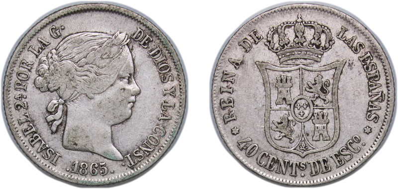 Spain Kingdom 1865 40 Centimos de Escudo - Isabel II Silver (.810) Madrid Mint 5...