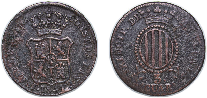 Spain Principality of Catalonia Spanish states 1844 3 Cuartos (3 CUAR) Copper La...