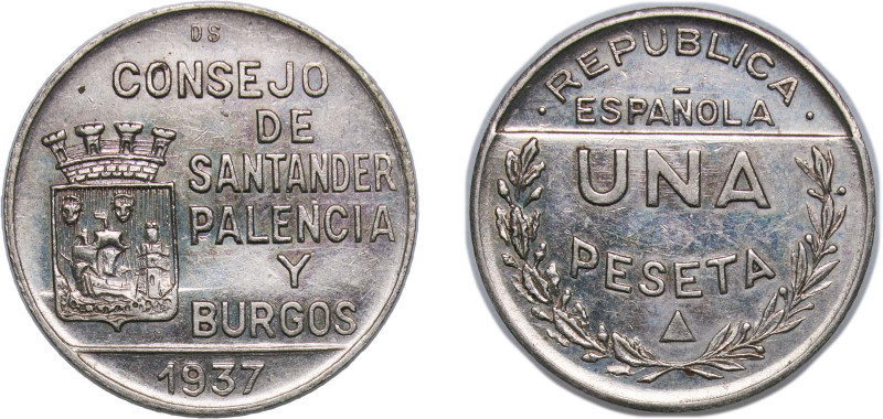 Spain Second Republic 1937 1 Peseta (Santander, Palencia and Burgos) Copper-nick...