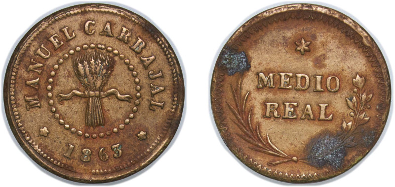 Peru Republic 1863 Token - Medio Real Manuel Carbajal Copper 2.81g VF