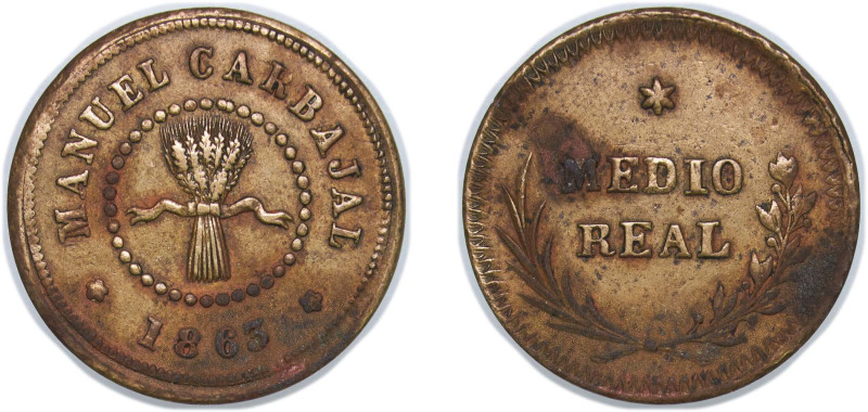 Peru Republic 1865 Token - Medio Real Manuel Carbajal Copper 2.45g VF