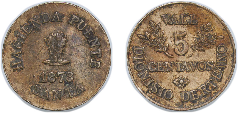 Peru Republic 1878 5 Centavos (Hacienda Puente - Dionisio Derteano) Copper-nicke...