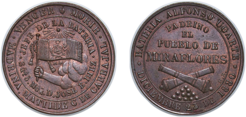 Peru Republic 1880 Medal - Batería Alfonso Ugarte Bronze 4.6g UNC