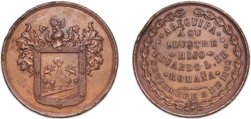 Peru Republic 1899 Medal - Arequipa A su Ilustre Hijo Eduardo López de Romaña Br...