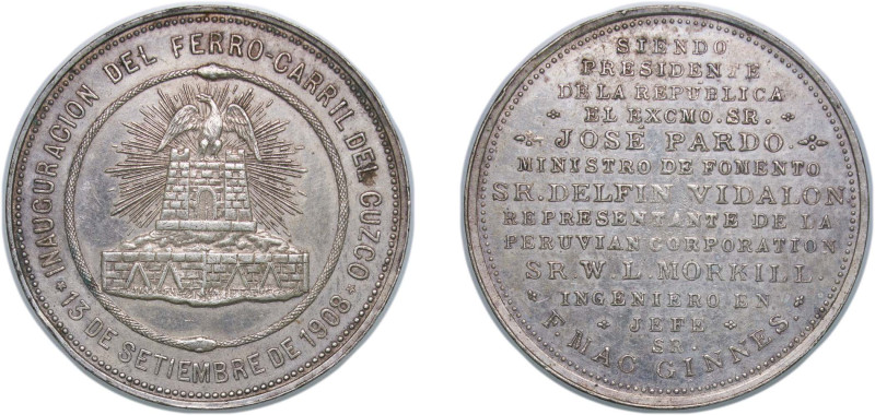 Peru Republic 1908 Medal - Inauguración del ferrocarril de Cuzco Silver 19.79g A...