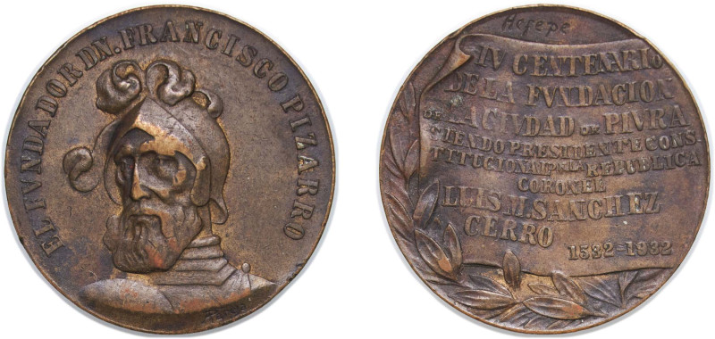 Peru Republic 1932 Medal - Francisco Pizarro Bronze 14.58g AU