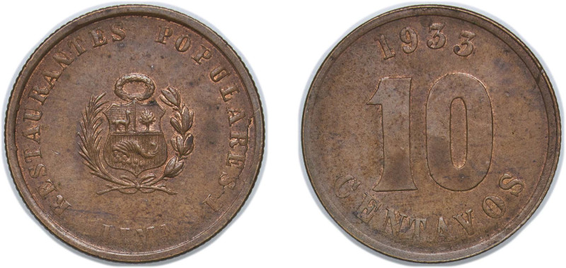 Peru Republic 1933 Token - 10 Centavos Restaurantes populares, Lima Copper 4.92g...