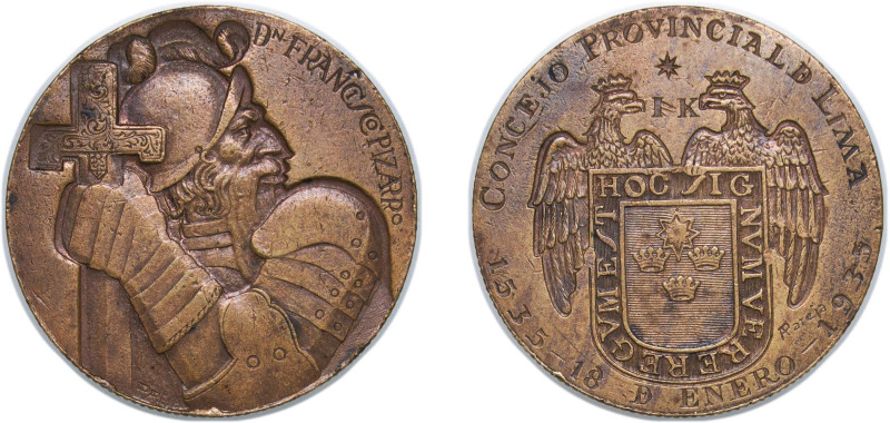 Peru Republic 1935 Medal - Consejo provincial de Lima Bronze 12.12g XF