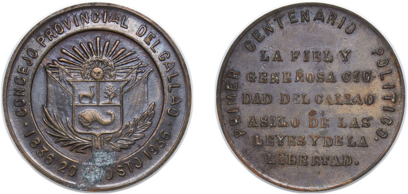 Peru Republic 1936 Medal - Primer centenario político Bronze 11.49g XF