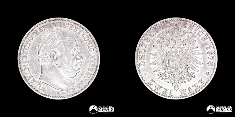Alemania (Imperio Aleman), Prusia. 2 Marcos 1876. Wilhelm I. Plata 900. 28 mm. 1...