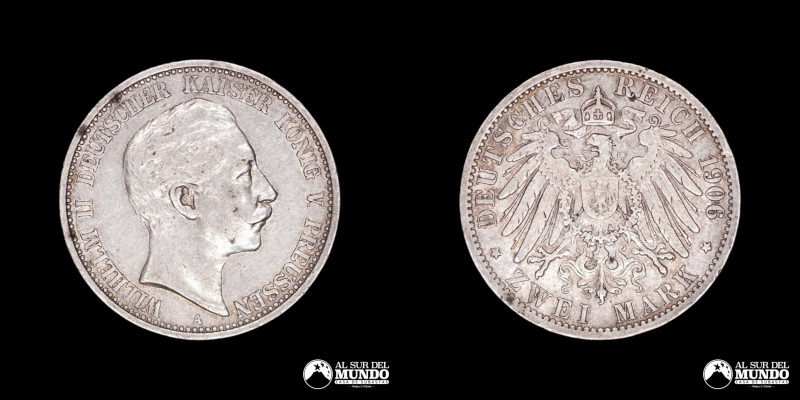 Alemania (Imperio Aleman), Prusia. 2 Marcos 1906. Guillermo II. Plata 900. 28 mm...