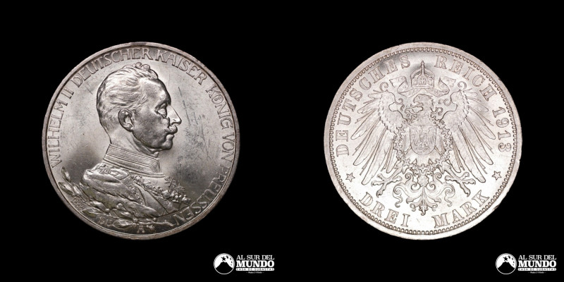 Alemania (Imperio Aleman), Prusia. 3 Marcos 1913. Wilhelm II. Plata 900. 33 mm. ...