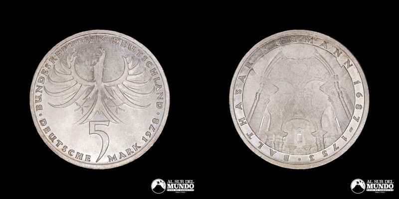 Alemania (Republica Federal). 5 Marcos 1978. Plata 625. 29 mm. 11,23 g. Km#148 (...