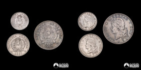 Argentina. Lote de tres monedas de plata: 10, 20 y 50 Centavos. 1882.