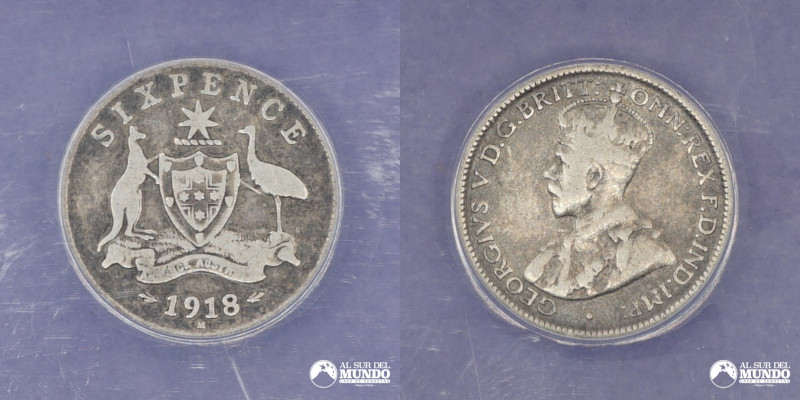 Australia, Melbourne. 6 Peniques. 1918-M. Anverso: Escudo de armas de Australia;...