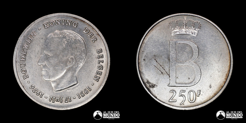 Belgica, Bruselas. 250 Francos. 1976. Moneda conmemorativa: 25 aniversario de la...