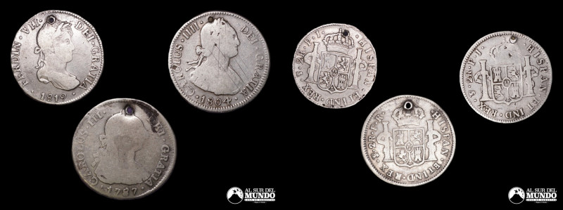 Bolivia, ceca de Potosi. Lote de tres monedas de plata a catalogar: 2 Reales. Pe...