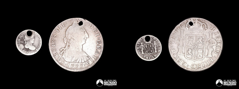 Bolivia, ceca de Potosi. Pareja de monedas de plata: ½ 1821 y 4 Reales 1777. Pes...