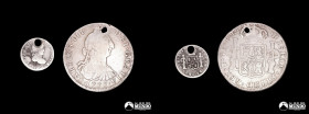 Bolivia, Potosi. Pareja de monedas de plata: ½ Real 1821 y 4 Reales 1777.