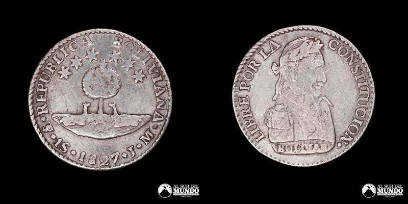 Bolivia, ceca de Potosi. 1 Sol. 1827. Ensayadores: JM. Simon Bolivar. Plata 667;...