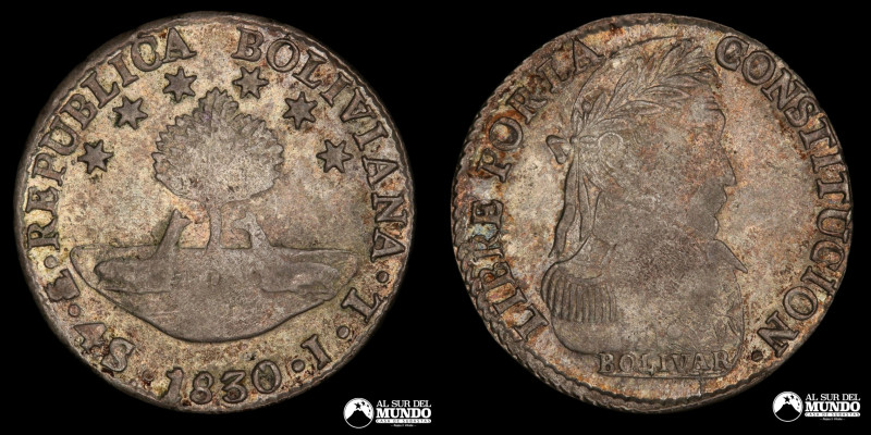 Bolivia, ceca de Potosi. 4 Soles. 1830. Ensayadores: JL (Juan Palomo y Luis Lope...