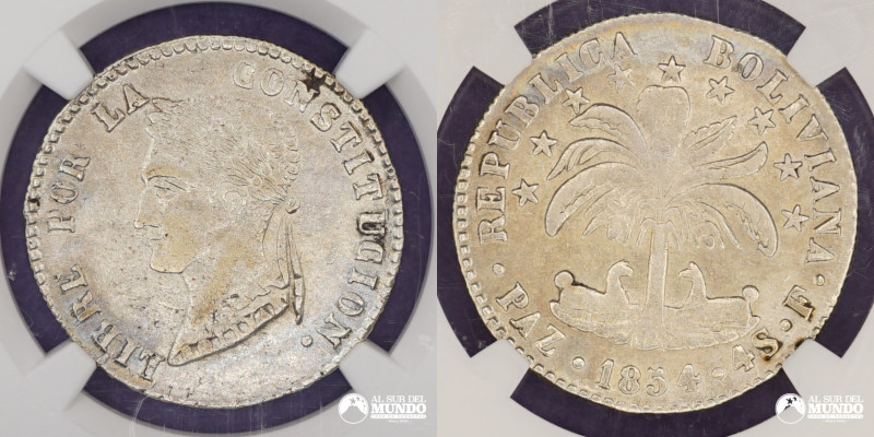 Bolivia, La Paz. 4 Soles. 1854. Ensayador: F (Fortunato Eguivar). Anverso: Busto...