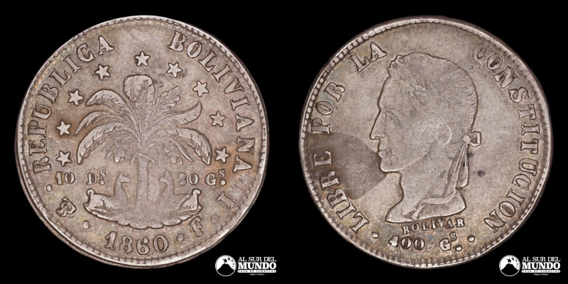 Bolivia. Republica. 8 Soles 1860. Plata 903. 36 mm. 19,81 g. Km#138 (XF)

Esti...