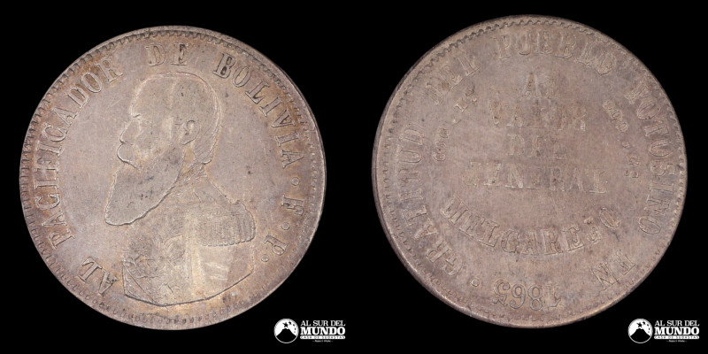 Bolivia, ceca de Potosi. 1 Melgarejo. 1865. Ensayadores: FP. Moneda conmemorativ...