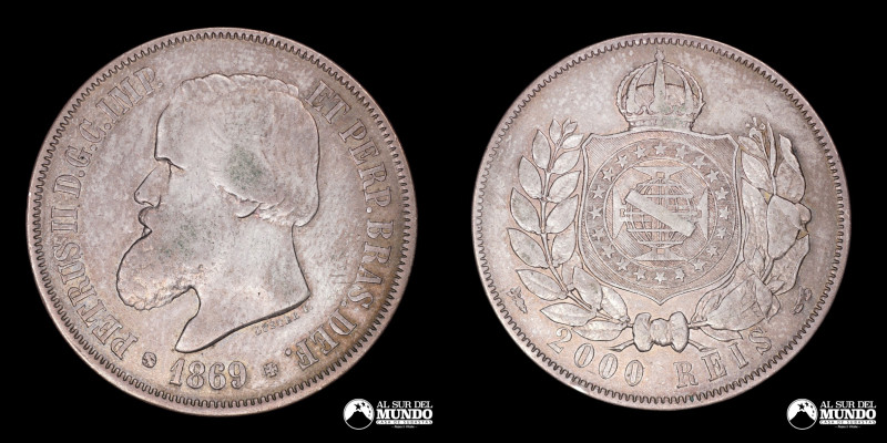 Brasil. 2.000 Reis 1869. Reinado de Pedro II (1831-1889). Anverso: Busto de Pedr...